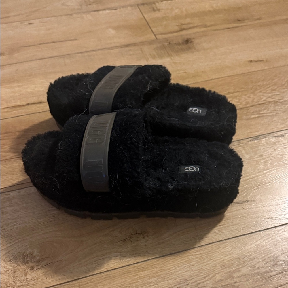 UGG Black Fluffy Slides with Gray Strap - Picture 3 of 5